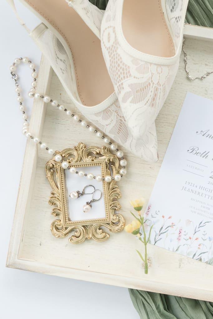 Bridal shoes and jewelry for South Louisiana Wedding Photographer